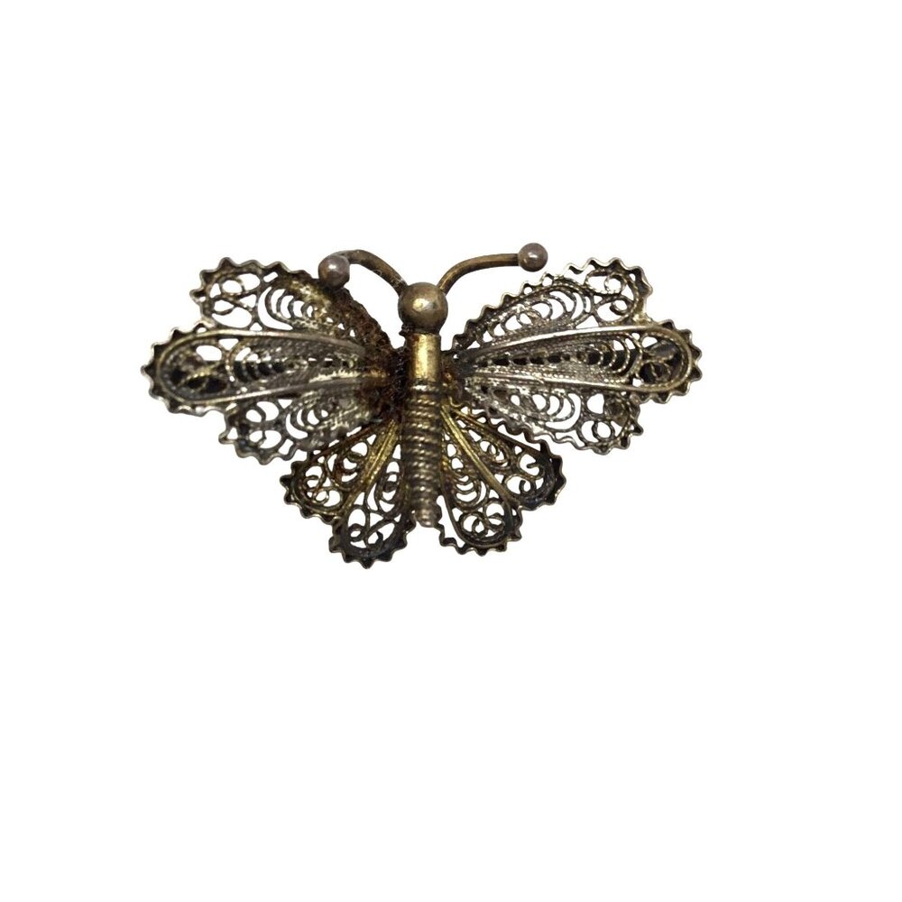 VTG Italian .900 Silver Filigree Butterfly Brooch Marked Italy Bug Insect Pin